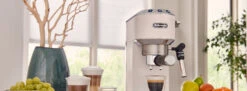 DeLonghi EC685W Dedica Deluxe Espresso Machine - White -Coffee Drink Store DedicaDeluxeBanner White