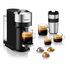Nespresso Vertuo Next Deluxe Espresso Machine By DeLonghi - Chrome -Coffee Drink Store ENV120C Vertuo Next D Pure Chrome Delonghi 3Quarter Travel Mug