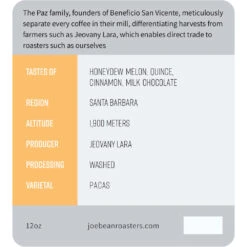 Joe Bean Honduras Jeovany Lara -Coffee Drink Store HondurasJeovanyLara BagLabelWeb